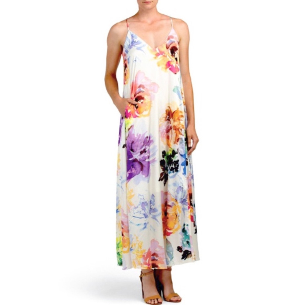 Nicole Miller Watercolor Floral Trapeze Maxi Dresssz 8 White - Picture 2 of 11